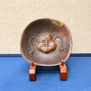 Rare Japanese Double-Sided Ceramic Incense Burner – Lucky Face & Oni Mask Vessel, Vintage Zen Art Object, One-of-a-Kind Collectible