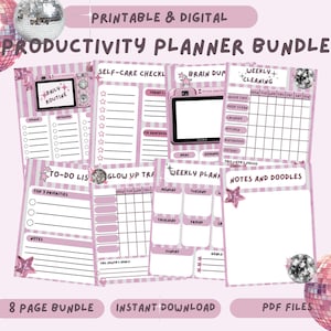 May include: A pink and white printable productivity planner bundle with various pages for daily routines, to-do lists, weekly planning, and notes. The bundle includes digital PDF files and features disco ball accents and text that reads "Printable & Digital Productivity Planner Bundle."