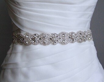 Bridal sash, wedding sash, rhinestone applique sash, bridesmaid sash, wedding belt, bridal dress belt, crystal sash, satin ribbon sash