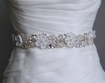 Bridal sash, wedding sash, rhinestone applique sash, bridesmaid sash, wedding belt, bridal dress belt, crystal sash, satin ribbon sash