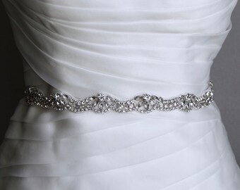 Bridal sash, wedding sash, rhinestone applique sash, bridesmaid sash, wedding belt, bridal dress belt, crystal sash, satin ribbon sash