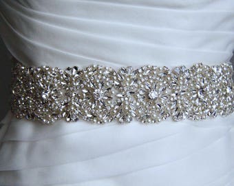 Bridal sash, wedding sash, rhinestone applique sash, bridesmaid sash, wedding belt, bridal dress belt, crystal sash, satin ribbon sash