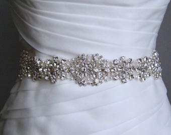 Bridal sash, wedding sash, rhinestone applique sash, bridesmaid sash, wedding belt, bridal dress belt, crystal sash, satin ribbon sash