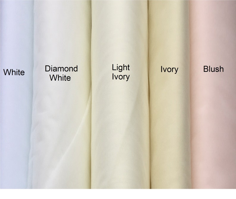 May include: Five fabric swatches in different shades of white and pink. The swatches are labeled "White", "Diamond White", "Light Ivory", "Ivory", and "Blush".