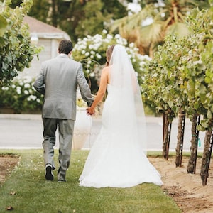 May include: A bride and groom walking away from the camera down a path lined with grapevines. The bride is wearing a white wedding dress with a long veil. The groom is wearing a gray suit.