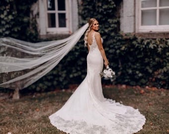 Soft Tulle Cathedral Wedding Veil, Chapel Length Bridal Veil, Raw Cut Edge