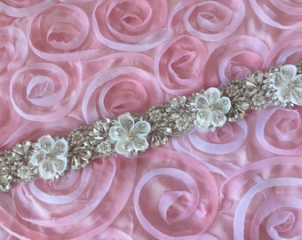 Bridal sash, wedding sash, rhinestone applique sash, bridesmaid sash, wedding belt, bridal dress belt, crystal sash, satin ribbon sash