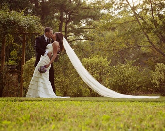 May include: A couple kissing in a garden setting. The woman wears a white wedding dress with a long veil. The man is in a black suit. The scene is set in a green, grassy area with trees and foliage in the background. Wedding photography.