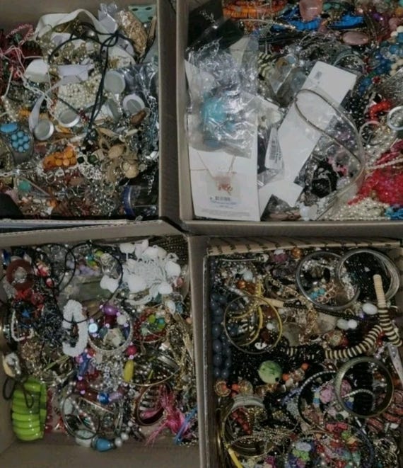 2 pounds jewelry lot costume vintage rings necklaces bracelets earrings pins random selection from boxes bins View 2