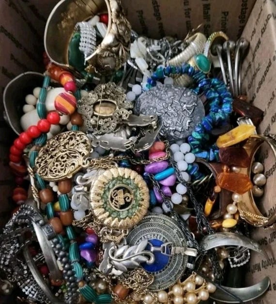 2 pounds jewelry lot costume vintage rings necklaces bracelets earrings pins random selection from boxes bins View 3