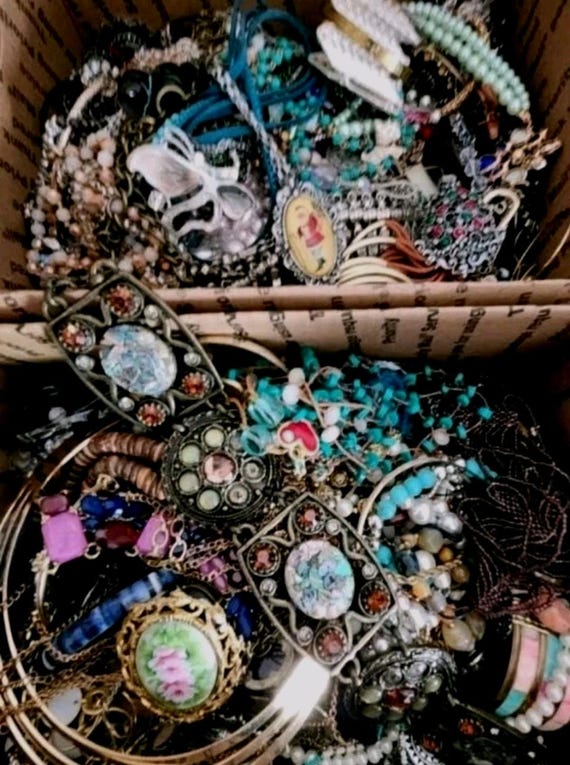 2 pounds jewelry lot costume vintage rings necklaces bracelets earrings pins random selection from boxes bins View 6