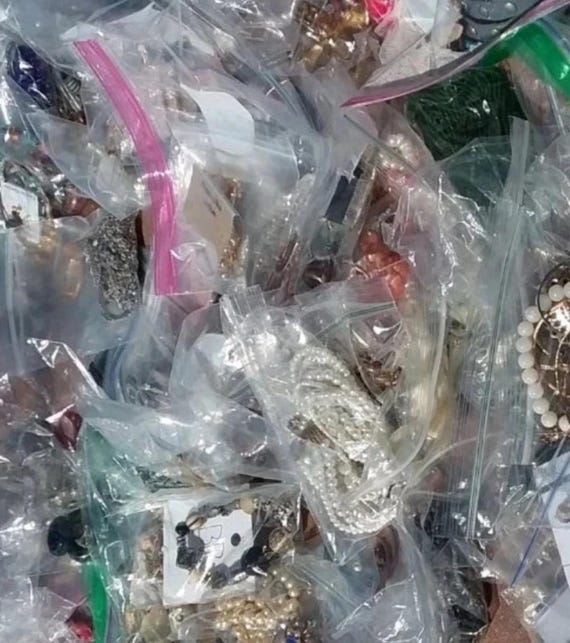 2 pounds jewelry lot costume vintage rings necklaces bracelets earrings pins random selection from boxes bins View 4