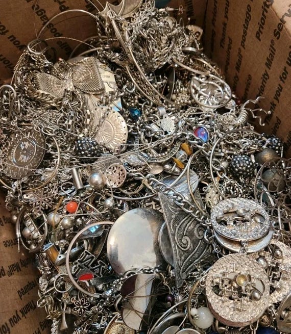 2 pounds jewelry lot costume vintage rings necklaces bracelets earrings pins random selection from boxes bins View 5