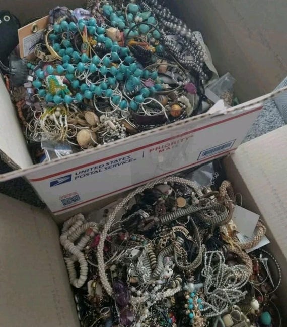 2 pounds jewelry lot costume vintage rings necklaces bracelets earrings pins random selection from boxes bins