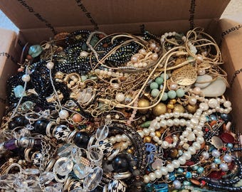 3 pounds jewelry lot costume vintage rings necklaces bracelets earrings pins random selection from boxes bins