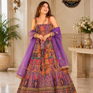 Patchwork Printed Anarkali Dress With Dupatta Indian Wedding Maxi Outfit