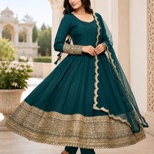 blue and gold indian dress Blue Semi Stitched Net Dupatta Indian Dress main image 1