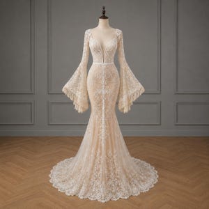 long sleeve mermaid lace wedding dress Off Shoulder Long Sleeve Mermaid Lace Wedding Dress Backless White / 2