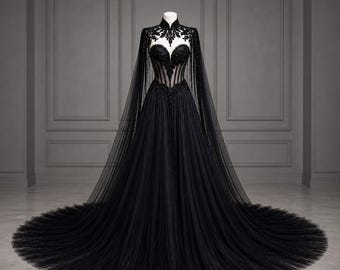 Robe de mariée trapèze en tulle gothique noir unique, robe de mariée corset brodée avec manches cape, robe de mariée sombre pour Halloween