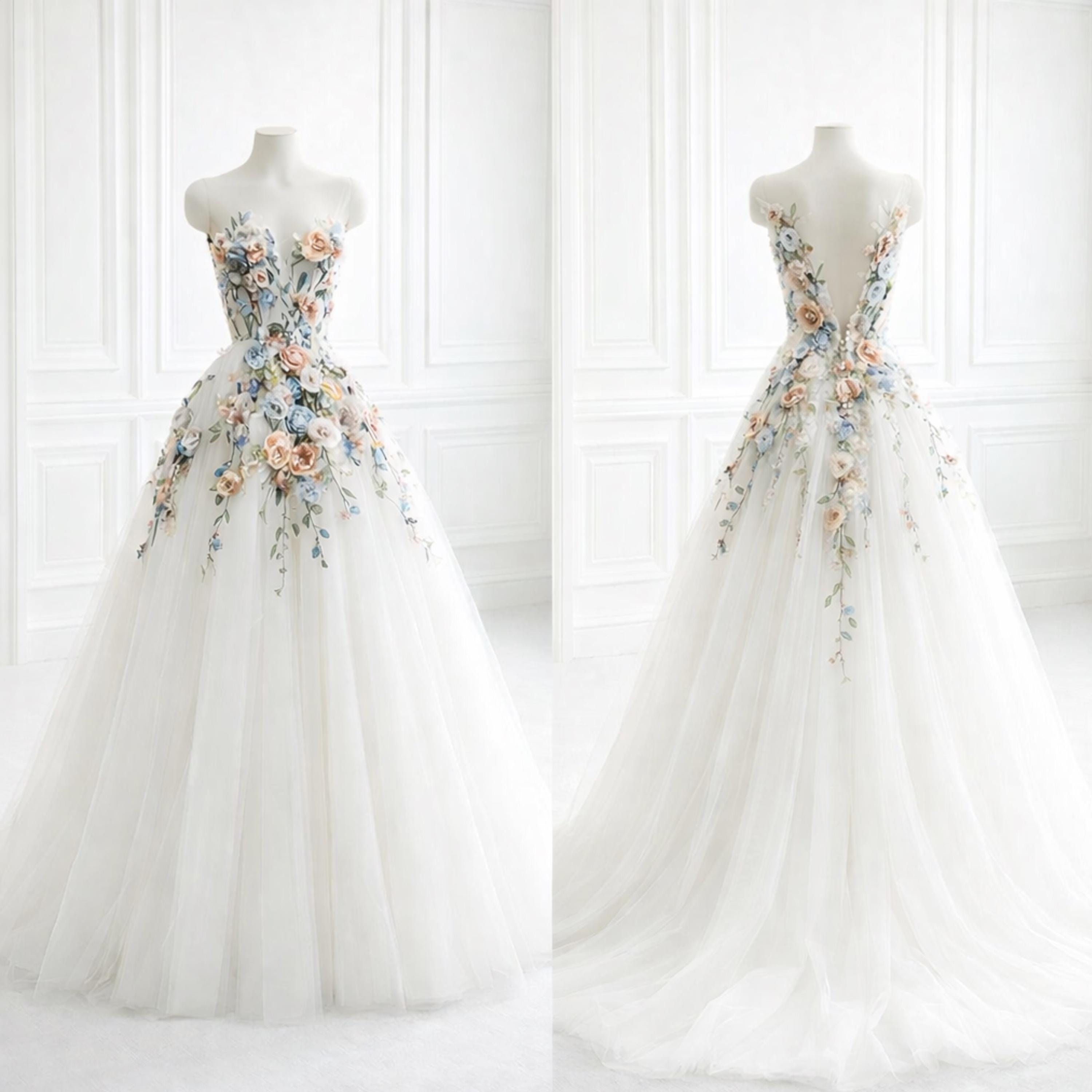 Minimalist Floral Ball Gown Wedding Dress, Romantic Tulle Bridal Gown