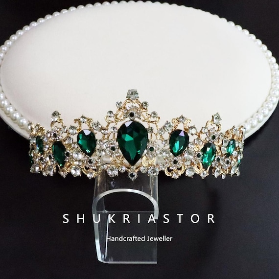 Green Rhinestone Bridal Tiara, Baroque Crystal Wedding Crown, Vintage Gold Headpiece, Bohemian Bride accessories, Bridesmaid Hair Piece