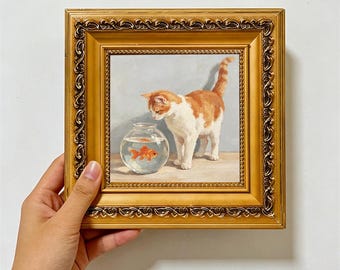 Vintage Gold Framed Orange White Cat & Goldfish Canvas Print 4x4 Inch, Impasto Oil Painting  Wall Art, Cute Cat Lover Home Decor