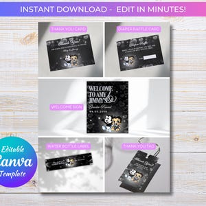 May include: A collection of editable Canva templates for a baby shower, including a thank you card, diaper raffle card, welcome sign, water bottle label, and thank you tag. The templates feature a black and white design with cartoon characters and the text "INSTANT DOWNLOAD - EDIT IN MINUTES!"