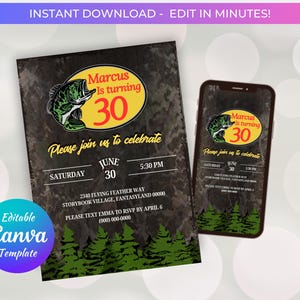 May include: An invitation and a smartphone display a birthday party announcement. The design features a bass fish logo, the text "Marcus is turning 30," and event details. The invitation is a Canva template.