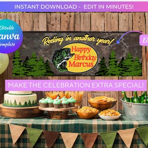 May include: A birthday party scene with a banner that reads "Reeling in another year! Happy Birthday Marcus." The banner features a fish graphic. The table is set with food, drinks, and a cake. Balloons and a banner complete the festive decor.