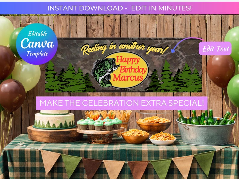 May include: A birthday party scene with a banner that reads "Reeling in another year! Happy Birthday Marcus." The banner features a fish graphic. The table is set with food, drinks, and a cake. Balloons and a banner complete the festive decor.