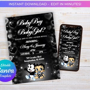 May include: Black and white baby gender reveal invitation with the text "Baby Boy or Baby Girl?" and "Please join us for a gender reveal". The invitation includes the names Amy & Jimmy, date, time, and address. A phone displays the same design.