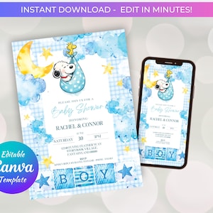 May include: A baby shower invitation and a phone screen displaying the same design. The invitation features a Snoopy illustration in a blue polka-dot carrier, with a moon, stars, and clouds. The text reads "Baby Shower" and "BOY". The Canva template is editable.