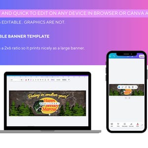 May include: An editable banner template, sized 2'x6', displayed on a laptop and a smartphone. The banner design features a fishing theme with text that reads "Reeling in another year!" and "Happy Marcus".