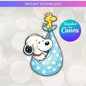 May include: A watercolor illustration of Snoopy in a blue swaddle with white polka dots, held by Woodstock. The image has a soft, dreamy quality. Text at the top reads "INSTANT DOWNLOAD" and a circular graphic says "Download on Canva".