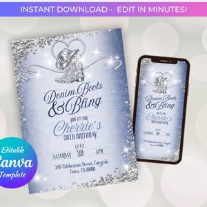 May include: A digital invitation template with a denim and bling theme. The design features a cowboy hat and boots, with the text "Denim, Boots & Bling" and details for a 30th birthday celebration. The invitation is shown on paper and a smartphone.
