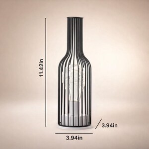 Bottle style metal lantern with LED candle and size dimensions