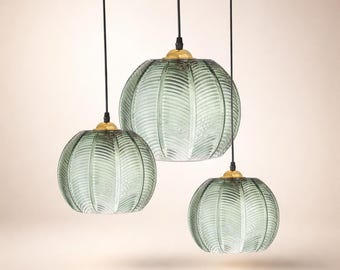 Green Glass Pendant Light Modern Ribbed Hanging Lamp Kitchen Island Dining Room Ceiling Lighting