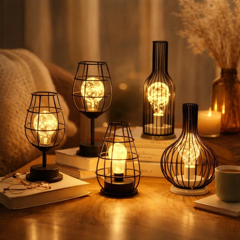 Set of vintage style metal lantern lamps with warm ambient lighting