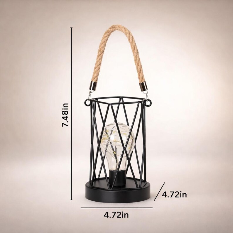 Decorative rope handle lantern lamp with geometric metal cage