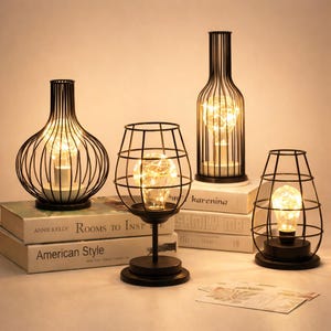 Decorative metal cage candle lanterns with warm LED lights table decor