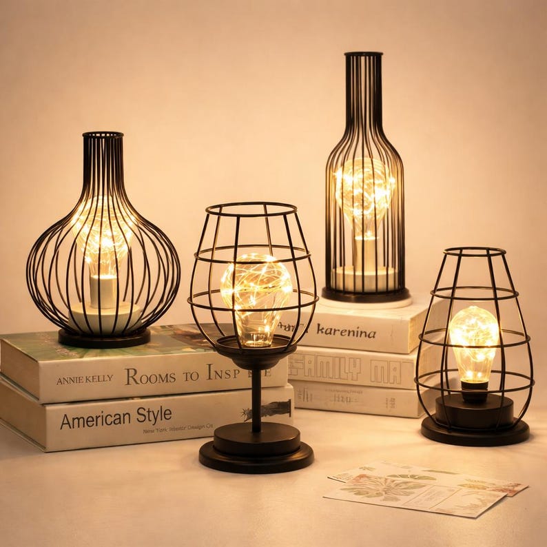 Decorative metal cage candle lanterns with warm LED lights table decor