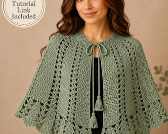 Crochet Capelet Pattern PDF, Lace Poncho Cape, Tassel Tie Wrap (Video Tutorial)