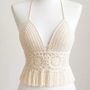 Ivory Fringe Halter Top Crochet Pattern, Boho Lace Bralette (PDF)