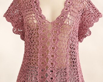 Crochet Lace Top Pattern PDF, V Neck Crochet Blouse, Summer Mesh Pullover, Cap Sleeve Crochet Shirt, Boho Women’s Top