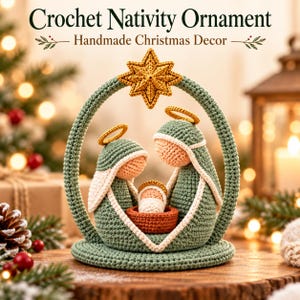 May include: A crochet nativity ornament featuring a sage green arch with a yellow star at the top. Inside, two figures in sage green robes with yellow halos stand over a small baby in a brown cradle. Text reads: Crochet Nativity Ornament Handmade Christmas Decor.