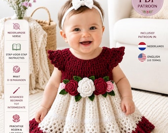 Crochet Baby Dress Pattern PDF, Rose Garden Design, Dutch English (Digital Download)