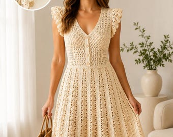 Ivory Lace Crochet Dress Pattern, Boho Summer V-Neck, Button Front (PDF Download)