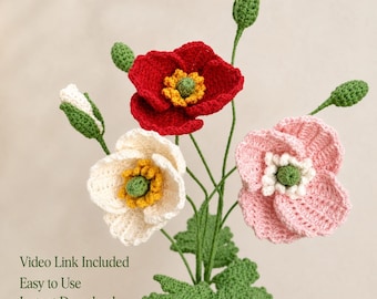 May include: A crochet flower arrangement featuring a red, a white, and a pink blossom with green stems and leaves. The text "Video Link Included", "Easy to Use", and "Instant Download" is visible on the left side of the image.