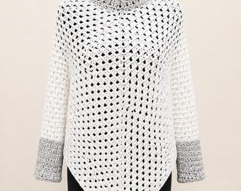 Crochet Poncho Pattern PDF with Sleeves: Easy Women’s Cowl Neck Openwork Sweater, US Terms