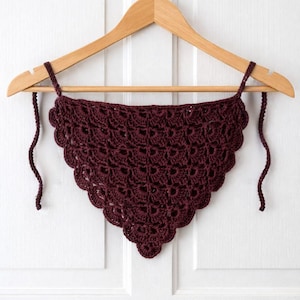 May include: A burgundy crochet top with a scalloped edge, hanging on a wooden hanger. The top has tie straps and a detailed, openwork pattern. The background is a white door.